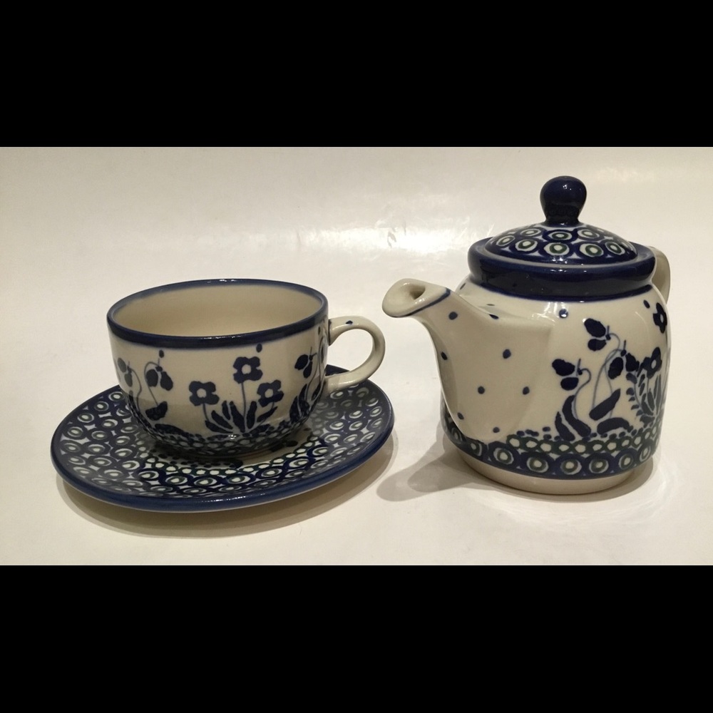 Vintage Polish UNIKAT Tea for One Set, cup, saucer, tea pot Blue floral design